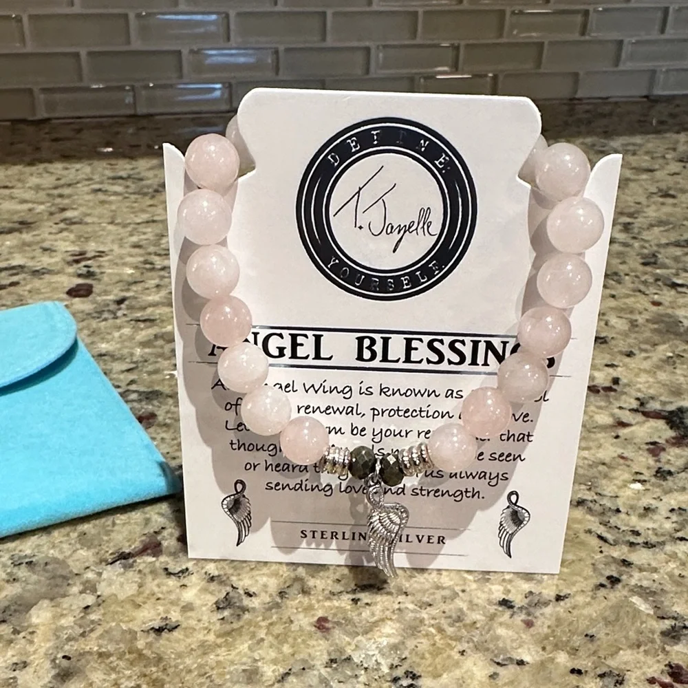 T. Jazelle Rose Quartz 8mm Stone Bracelet with Silver Angel Blessings Charm